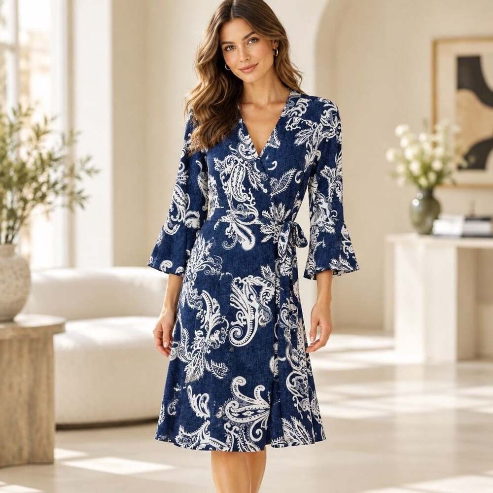 Tacera Dress Size 3X Blue White Paisley Wrap Midi